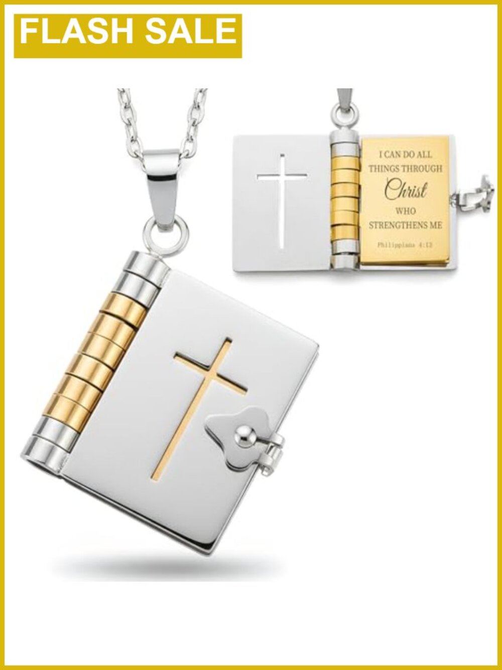 Stainless Steel Cross Book Locket Necklace Bible Verse Pendant Christian Gift